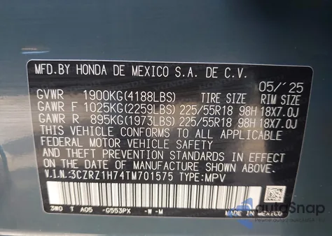 2026 Honda Hr-V 2Wd Ex-L from USA, damaged, VIN 3CZRZ1H74TM701575